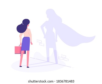 A businesswoman casts a shadow of a superhero in a cape on the wall. Business motivation and training concept. Vector illustration.