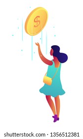 Businesswoman catching falling dollar coin, tiny people isometric 3D illustration. Income and savings, earnings and business success, payment and wealth concept. Isolated on white background.