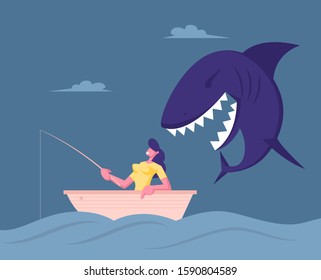 Businesswoman Catching Fish Sit in Boat with Fishing Rod in Sea. Huge Shark Creep Up from Back Prepare to Attack Open Mouth with Scary jaws. Unexpected Crisis, Credit. Cartoon Flat Vector Illustration
