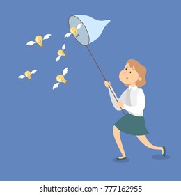 Businesswoman catching flying ideas bulb with net.