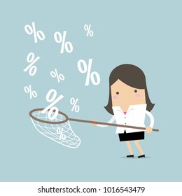 Businesswoman catching percent signs vector.