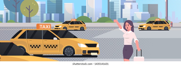 businesswoman catching taxi on street business woman in formal wear with luggage stopping yellow cab city transportation service concept cityscape background portrait flat horizontal