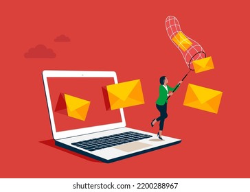 Businesswoman cathing mail with notification setting using butterfly net. Woman character working using modern technology, web protection. Vector illustration.