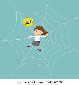 Businesswoman caught in a trap need someone to help, vector illustration cartoon
