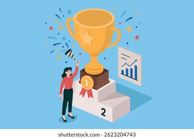 Businesswoman Celebrates Success with Trophy on Podium