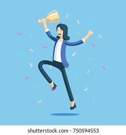 Businesswoman celebrating and jumping with a trophy in her hands. Happy girl celebrating a victory holding the cup and laughs. Business concept achievement vector illustration