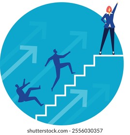 Businesswoman celebrating reaching the top of the stairs, representing career success, while other businessmen are struggling, climbing or falling, depicting competition and challenges in business