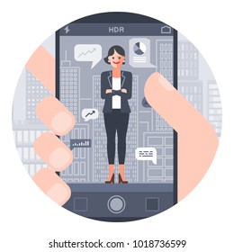 Businesswoman CEO On Smartphone Camera Screen Photo. City Buildings On Background. Circle Flat Illustration.