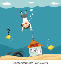 Businesswoman chained drowning with his house debt concept, vector illustration cartoon