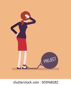 Businesswoman chained with a giant metall weight, written Project on a ball, thinking the problem over, scratching her head. Rear view. Cartoon vector flat-style concept illustration