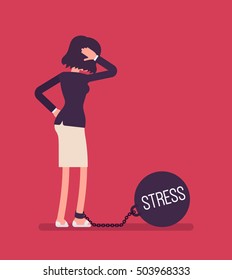 Businesswoman chained with a giant metall weight, written Stress on a ball, thinking the problem over, scratching her head. Rear view. Cartoon vector flat-style concept illustration