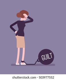 Businesswoman chained with a giant metall weight, written Guilt on a ball, thinking the problem over, scratching her head. Rear view. Cartoon vector flat-style concept illustration