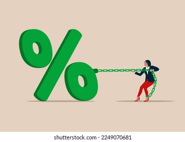 Businesswoman chained to percentage sign. Increasing interest rates. Flat vector illustration