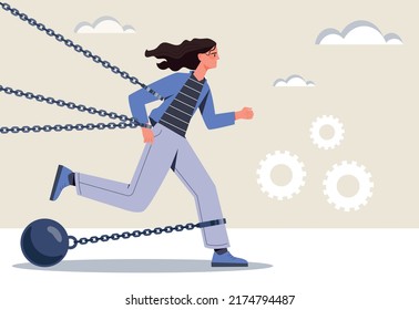 Businesswoman chained to weights. Entrepreneur overcoming difficulties. Motivation and leadership, financial problems in company. Struggle with career obstacle. Cartoon flat vector illustration