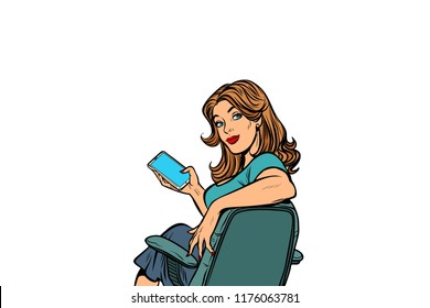 Businesswoman in the chair with a smartphone. Pop art retro vector illustration vintage kitsch