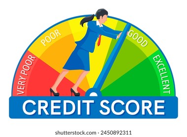 Businesswoman Changing Personal Credit Information. Woman Pushing Arrow to Make Credit History Better. Female Improves his Creditworthiness, Credit Score, Approval Solvency. Flat Vector Illustration