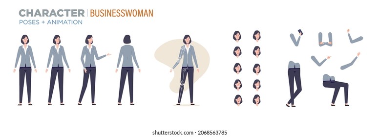Businesswoman Character For Animation. Creation Set With Various Views, Face Emotions, Poses And Gestures.