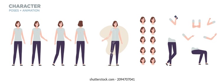 businesswoman character for animation. Creation set with various views, face emotions, poses and gestures.