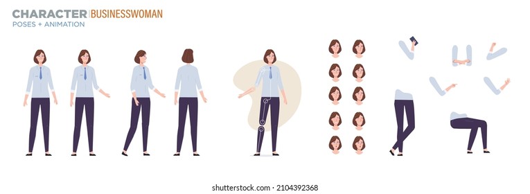 businesswoman character for animation. Creation set with various views, face emotions, poses and gestures.