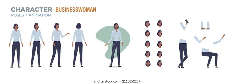 businesswoman character for animation. Creation set with various views, face emotions, poses and gestures.