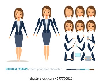 Businesswoman character animation and creation set. Woman with phone, tablet, pointer. Parts of body for design you scene. Faces, emotions, clothes. Cartoon boss, secretary or manager constructor