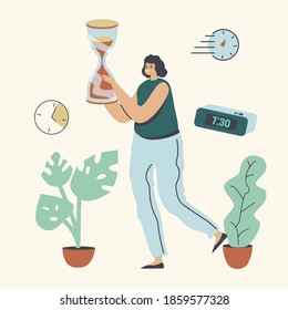 Businesswoman Character Carry Huge Hourglass, Time Management, Procrastination, Lack of Time, Work Productivity or Deadline, Business Working Process Organization Concept. Linear Vector Illustration