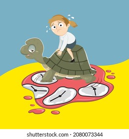Businesswoman Character Cartoon Riding Huge Turtle,  Slow Movement to Success, Illustration vector cartoon