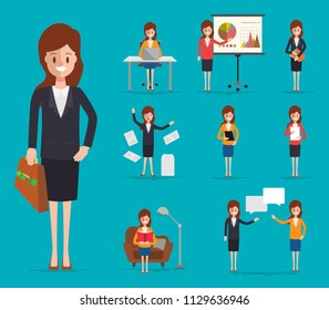 businesswoman character collection in job at office worker flat vector design.
