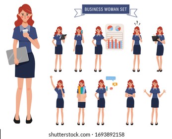 Businesswoman character creation for animation. Animated face emotion and mouth and hair. Set of businesswoman doing job flat design.