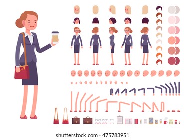 Businesswoman character creation set. Full length, different views, emotions, gestures, isolated against white background. Build your own design. Cartoon flat-style infographic illustration