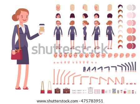 Businesswoman character creation set. Full length, different views, emotions, gestures, isolated against white background. Build your own design. Vector illustration