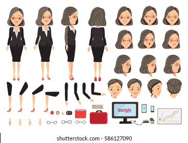 Businesswoman character creation set. Icons with different types of faces and hair style, emotions,  front, rear, side view of male person. Moving arms, legs. Vector illustration