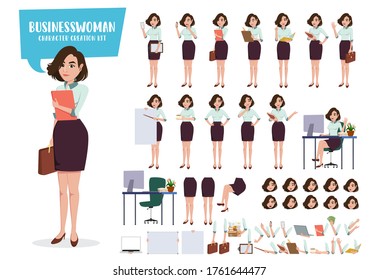 Businesswoman Character Creation Vector Set. Business Woman Characters Female Office Employee Staff Demo Presentation Editable Create Face And Body Parts Movement. Vector Illustration