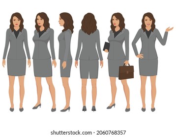 Diseño de carácter de mujer de negocios. Delante, lado, trasero, chica de negocios. Joven caricaturista. vector plano aislado