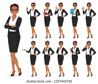 Businesswoman character in different poses set vector illustration