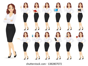 Businesswoman character in different poses set vector illustration