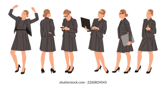 Businesswoman character in different poses vector illustrations.