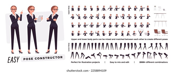 Businesswoman character easy pose constructor. Office girl drag, drop set, female manager body match, secretary figure building. Vector flat style cartoon construction kit isolated on white background