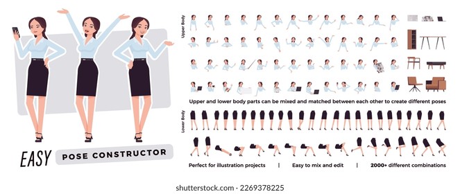 Businesswoman character easy pose constructor. Office girl drag, drop set, female assistant body match, secretary figure building. Vector flat style cartoon construction kit isolated, white background