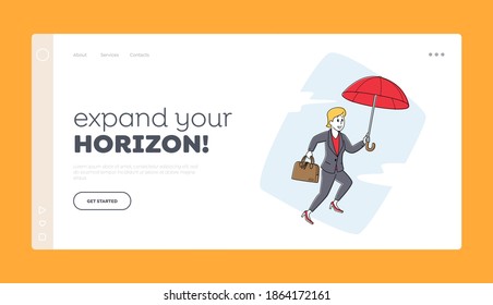 Businesswoman Character Fly with Umbrella Landing Page Template. Financial Protection, Insurance, Shield from Problems. Business Woman with Briefcase in Hand Flight. Linear Vector Illustration