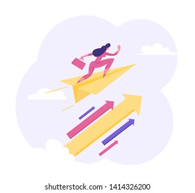 Businesswoman Character Flying on Paper Plane with Big Arrow Financial Symbol. Leadership, Goal Achievement, Business Vision Concept. Woman Leader, Winner. Vector flat illustration