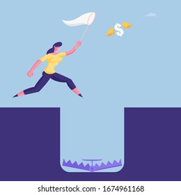 Businesswoman Character in Formal Suit Catching Flying Dollar with Net Ignoring Hole with Trap on Bottom. Careless Business Woman Problem Ignorance, Searching Solution. Cartoon Vector Illustration