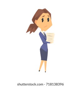 Businesswoman character in formal wear carrying pile of paper documents, business person having a lot of work cartoon vector illustration