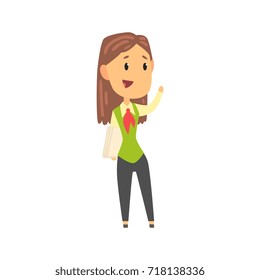 Businesswoman character in formal wear standing with documents and waving her hand, business person at work cartoon vector illustration