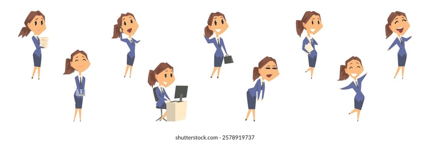 Businesswoman Character in Formal Wear in Various Pose Vector Set