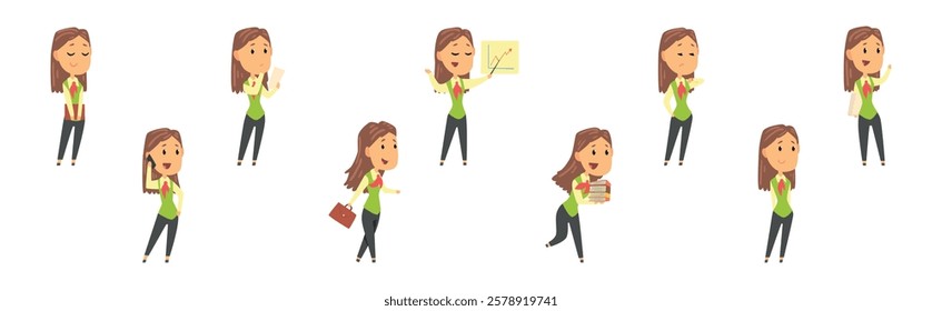 Businesswoman Character in Formal Wear in Various Pose Vector Set