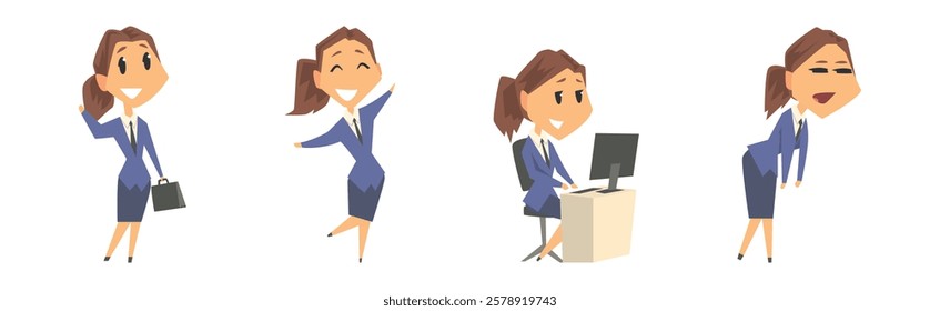 Businesswoman Character in Formal Wear in Various Pose Vector Set