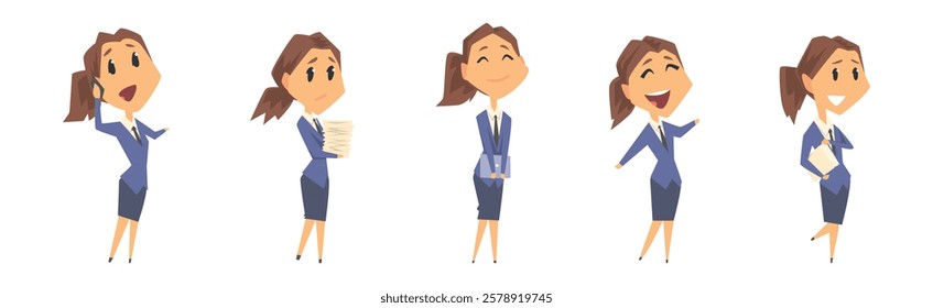 Businesswoman Character in Formal Wear in Various Pose Vector Set