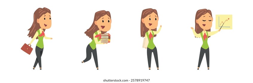 Businesswoman Character in Formal Wear in Various Pose Vector Set