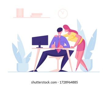 Businesswoman Character Gossip with r Man Sitting at Desk Working on Computer in Office. Company Employees Routine Teamwork Process. Colleagues Communicate Chitchat. Cartoon People Vector Illustration